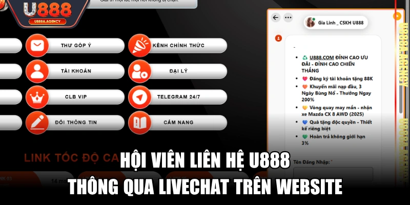 Hội viên liên hệ U888 thông qua Livechat trên website
